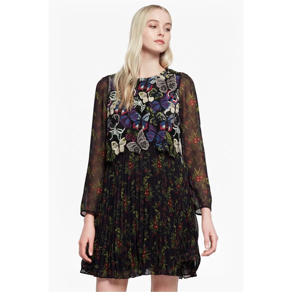 French Connection Butterfly Embroidered Floral Pleated Mini Dress Black Festival